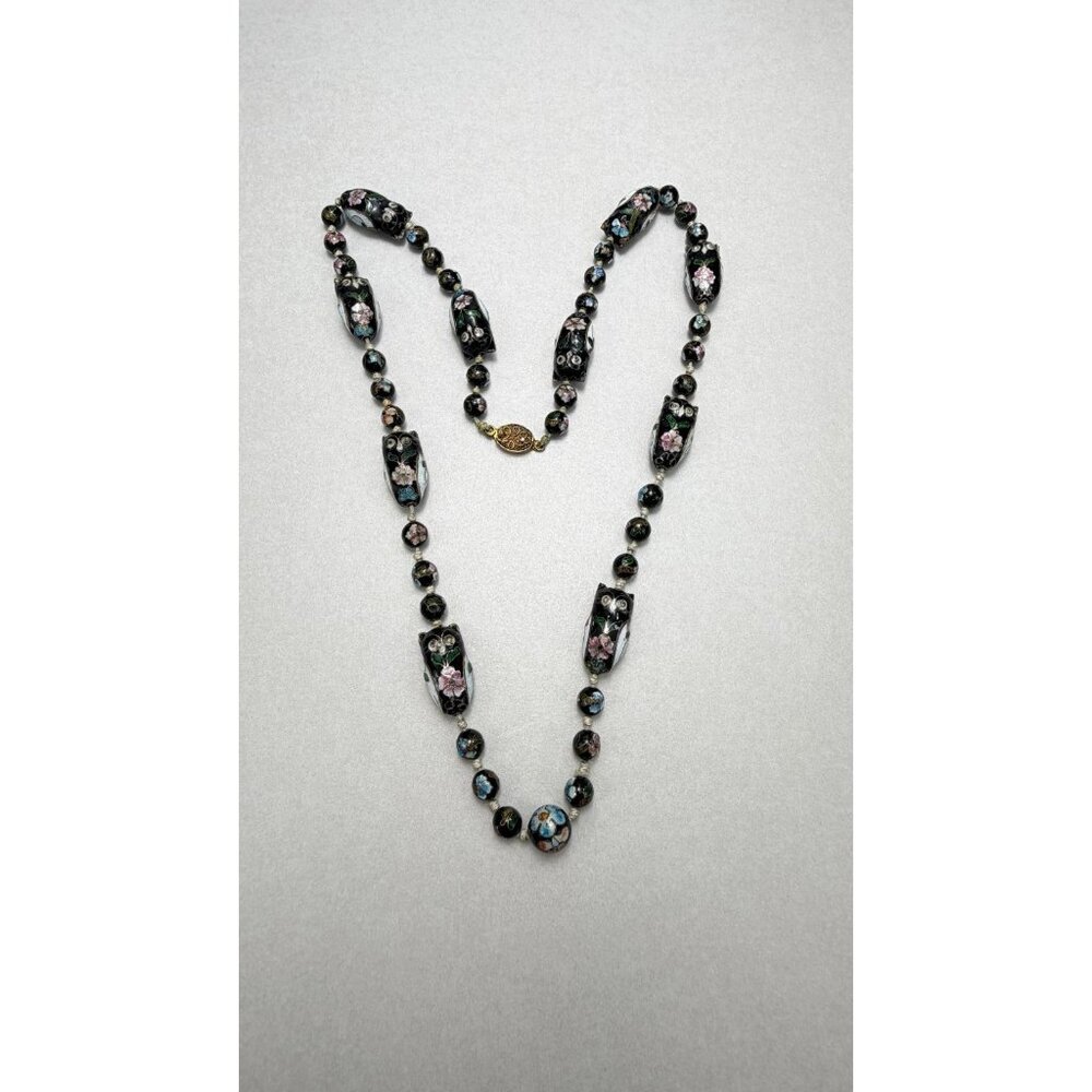 Vintage Chinese Cloisonné Black Floral Owl Beaded Necklace Rare Statement 27"